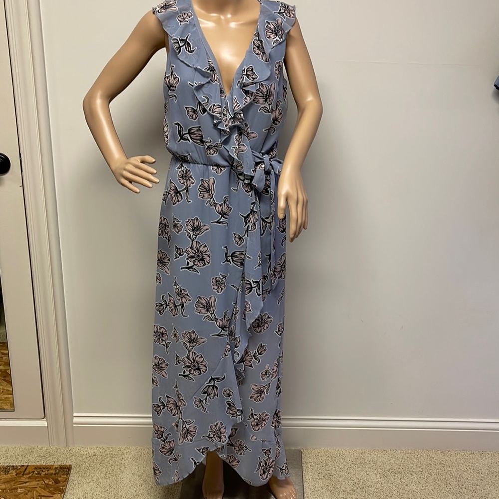 Japna Blue Pink Floral Maxi Faux Wrap Dress Lined to above the knee size M
